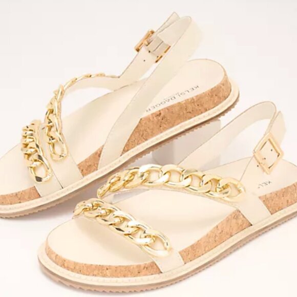 NWOT Kelsi Dagger Brooklyn "Script" Cream Leather Sandals w/ Gold Chunky Chain - Picture 1 of 13